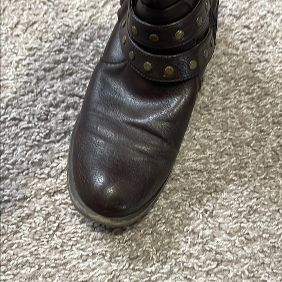 Brown Combat Moto Boots with Distressed Leather and Buckle Straps - Picture 7 of 14